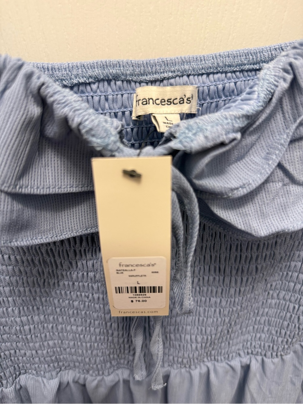 Francesca’s Blue Smocked Puff Sleeve Midi Dress Cottagecore Size Large NWT - Picture 6 of 7